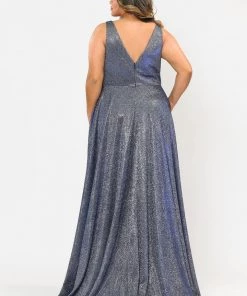 Poly USA Plus Size Plus Size Long Metallic Glitter V-Neck Dress By Poly USA W1036