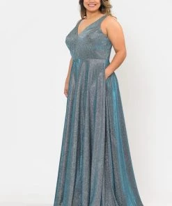Poly USA Plus Size Plus Size Long Metallic Glitter V-Neck Dress By Poly USA W1036