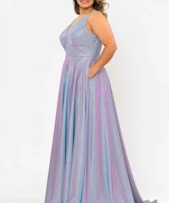 Poly USA Plus Size Plus Size Long Metallic Glitter V-Neck Dress By Poly USA W1036