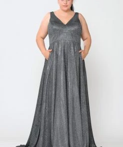 Poly USA Plus Size Plus Size Long Metallic Glitter V-Neck Dress By Poly USA W1036