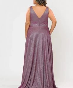 Poly USA Plus Size Plus Size Long Metallic Glitter V-Neck Dress By Poly USA W1036