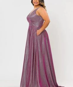 Poly USA Plus Size Plus Size Long Metallic Glitter V-Neck Dress By Poly USA W1036