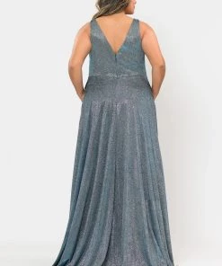 Poly USA Plus Size Plus Size Long Metallic Glitter V-Neck Dress By Poly USA W1036