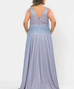 Poly USA Plus Size Plus Size Long Metallic Glitter V-Neck Dress By Poly USA W1036