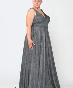 Poly USA Plus Size Plus Size Long Metallic Glitter V-Neck Dress By Poly USA W1036