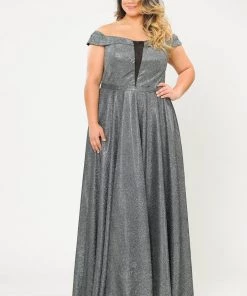 Poly USA Plus Size Plus Size Long Off Shoulder Glitter Dress By Poly USA W1060 Prom
