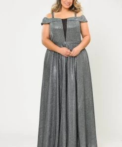 Poly USA Plus Size Plus Size Long Off Shoulder Glitter Dress By Poly USA W1060 Prom