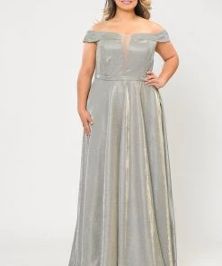 Poly USA Plus Size Plus Size Long Off Shoulder Glitter Dress By Poly USA W1060 Prom