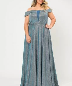 Poly USA Plus Size Plus Size Long Off Shoulder Glitter Dress By Poly USA W1060 Prom
