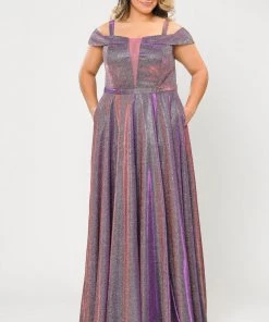 Poly USA Plus Size Plus Size Long Off Shoulder Glitter Dress By Poly USA W1060 Prom