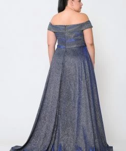 Poly USA Plus Size Plus Size Long Off Shoulder Glitter Dress By Poly USA W1060 Prom