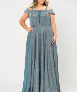 Poly USA Plus Size Plus Size Long Off Shoulder Glitter Dress By Poly USA W1060 Prom