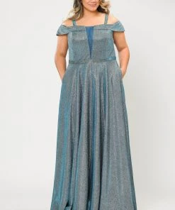 Poly USA Plus Size Plus Size Long Off Shoulder Glitter Dress By Poly USA W1060 Prom