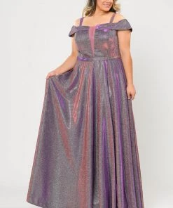 Poly USA Plus Size Plus Size Long Off Shoulder Glitter Dress By Poly USA W1060 Prom