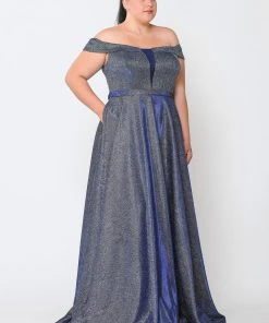 Poly USA Plus Size Plus Size Long Off Shoulder Glitter Dress By Poly USA W1060 Prom