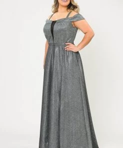 Poly USA Plus Size Plus Size Long Off Shoulder Glitter Dress By Poly USA W1060 Prom