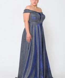 Poly USA Plus Size Plus Size Long Off Shoulder Glitter Dress By Poly USA W1060 Prom
