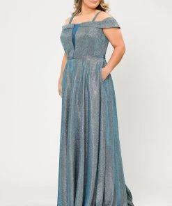 Poly USA Plus Size Plus Size Long Off Shoulder Glitter Dress By Poly USA W1060 Prom