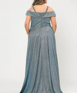 Poly USA Plus Size Plus Size Long Off Shoulder Glitter Dress By Poly USA W1060 Prom