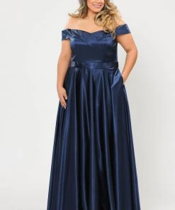 Poly USA Plus Size Plus Size Long Off Shoulder Satin Dress By Poly USA W1058 Prom