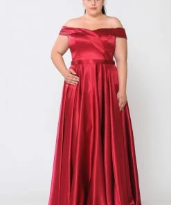 Poly USA Plus Size Plus Size Long Off Shoulder Satin Dress By Poly USA W1058 Prom