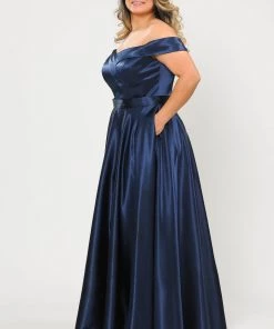 Poly USA Plus Size Plus Size Long Off Shoulder Satin Dress By Poly USA W1058 Prom