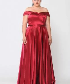 Poly USA Plus Size Plus Size Long Off Shoulder Satin Dress By Poly USA W1058 Prom