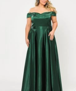 Poly USA Plus Size Plus Size Long Off Shoulder Satin Dress By Poly USA W1058 Prom