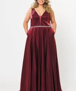 Poly USA Plus Size Prom Plus Size Long Satin Deep V-Neck Dress By Poly USA W1062