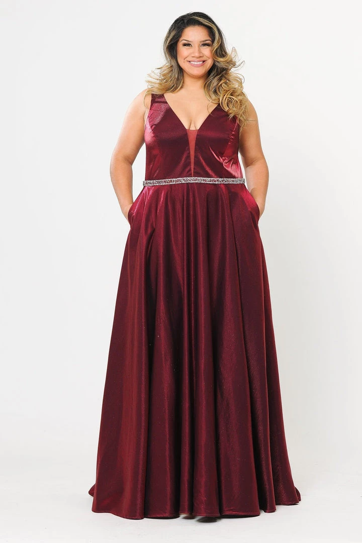 Poly USA Plus Size Prom Plus Size Long Satin Deep V-Neck Dress By Poly USA W1062 3 Poly USA Plus Size Prom Plus Size Long Satin Deep V-Neck Dress By Poly USA W1062