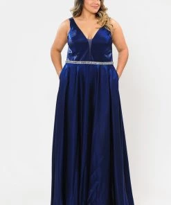 Poly USA Plus Size Prom Plus Size Long Satin Deep V-Neck Dress By Poly USA W1062 30 Poly USA Plus Size Prom Plus Size Long Satin Deep V-Neck Dress By Poly USA W1062