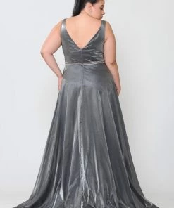 Poly USA Plus Size Prom Plus Size Long Satin Deep V-Neck Dress By Poly USA W1062 24 Poly USA Plus Size Prom Plus Size Long Satin Deep V-Neck Dress By Poly USA W1062