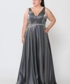 Poly USA Plus Size Prom Plus Size Long Satin Deep V-Neck Dress By Poly USA W1062 26 Poly USA Plus Size Prom Plus Size Long Satin Deep V-Neck Dress By Poly USA W1062