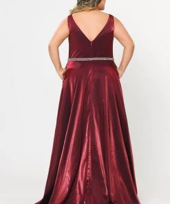 Poly USA Plus Size Prom Plus Size Long Satin Deep V-Neck Dress By Poly USA W1062