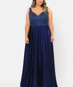 Poly USA Plus Size Plus Size Long Satin Dress With Beaded Bodice By Poly USA W1066 Prom