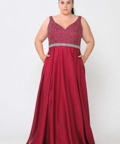 Poly USA Plus Size Plus Size Long Satin Dress With Beaded Bodice By Poly USA W1066 Prom