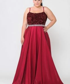 Poly USA Plus Size Prom Plus Size Long Satin Dress With Sequin Bodice By Poly USA W1018