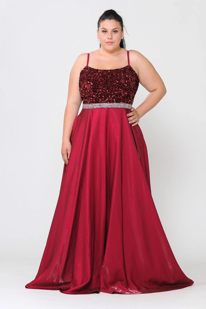 Poly USA Plus Size Prom Plus Size Long Satin Dress With Sequin Bodice By Poly USA W1018 3 Poly USA Plus Size Prom Plus Size Long Satin Dress With Sequin Bodice By Poly USA W1018