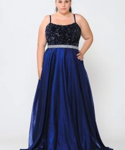 Poly USA Plus Size Prom Plus Size Long Satin Dress With Sequin Bodice By Poly USA W1018 20 Poly USA Plus Size Prom Plus Size Long Satin Dress With Sequin Bodice By Poly USA W1018