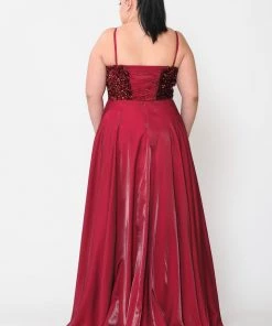 Poly USA Plus Size Prom Plus Size Long Satin Dress With Sequin Bodice By Poly USA W1018 19 Poly USA Plus Size Prom Plus Size Long Satin Dress With Sequin Bodice By Poly USA W1018