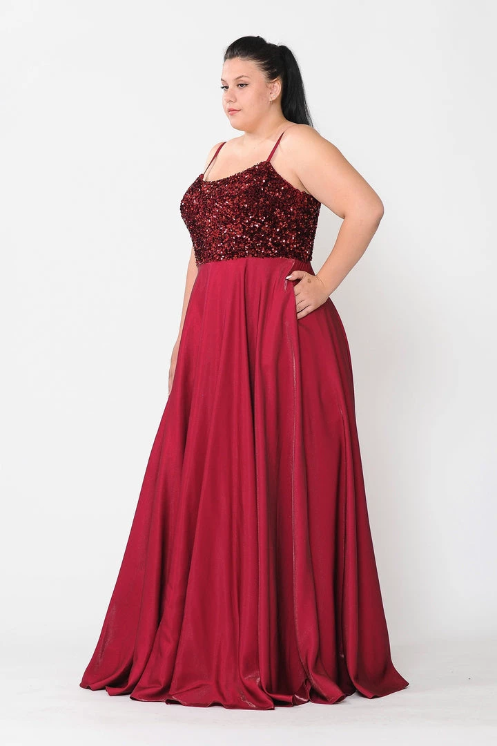 Poly USA Plus Size Prom Plus Size Long Satin Dress With Sequin Bodice By Poly USA W1018 5 Poly USA Plus Size Prom Plus Size Long Satin Dress With Sequin Bodice By Poly USA W1018