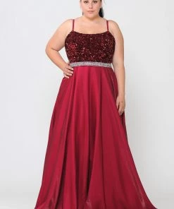 Poly USA Plus Size Prom Plus Size Long Satin Dress With Sequin Bodice By Poly USA W1018 17 Poly USA Plus Size Prom Plus Size Long Satin Dress With Sequin Bodice By Poly USA W1018