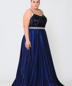 Poly USA Plus Size Prom Plus Size Long Satin Dress With Sequin Bodice By Poly USA W1018 22 Poly USA Plus Size Prom Plus Size Long Satin Dress With Sequin Bodice By Poly USA W1018
