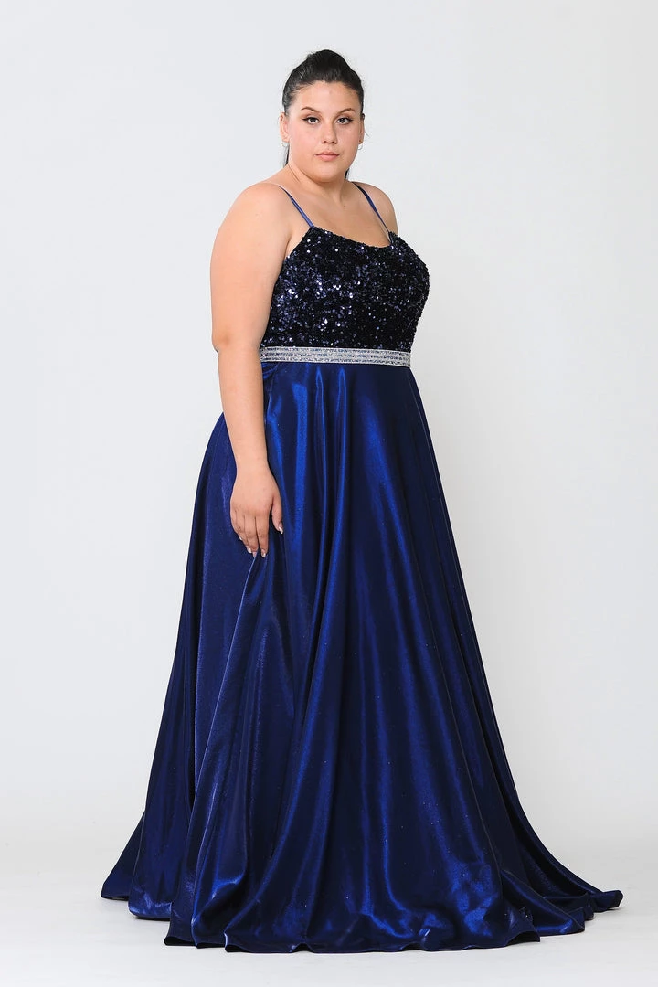 Poly USA Plus Size Prom Plus Size Long Satin Dress With Sequin Bodice By Poly USA W1018 12 Poly USA Plus Size Prom Plus Size Long Satin Dress With Sequin Bodice By Poly USA W1018