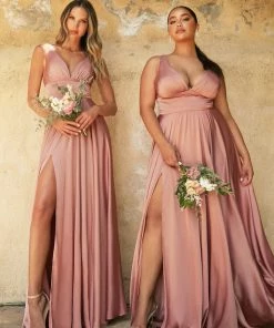 Plus Size Long Satin V-Neck Dress By Cinderella Divine 7469 Prom