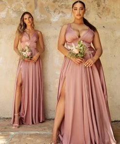 Plus Size Long Satin V-Neck Dress By Cinderella Divine 7469 Prom