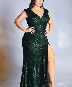Prom Plus Size Long Sequin Cap Sleeve Dress By Cinderella Divine CH198C