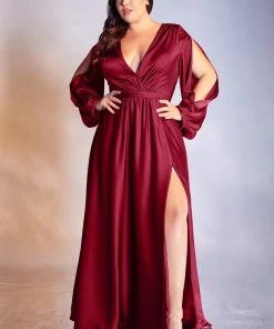 Plus Size Long Sleeve Satin Gown By Cinderella Divine 7475C