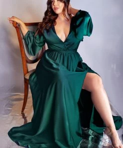 Plus Size Long Sleeve Satin Gown By Cinderella Divine 7475C