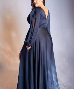 Plus Size Long Sleeve Satin Gown By Cinderella Divine 7475C